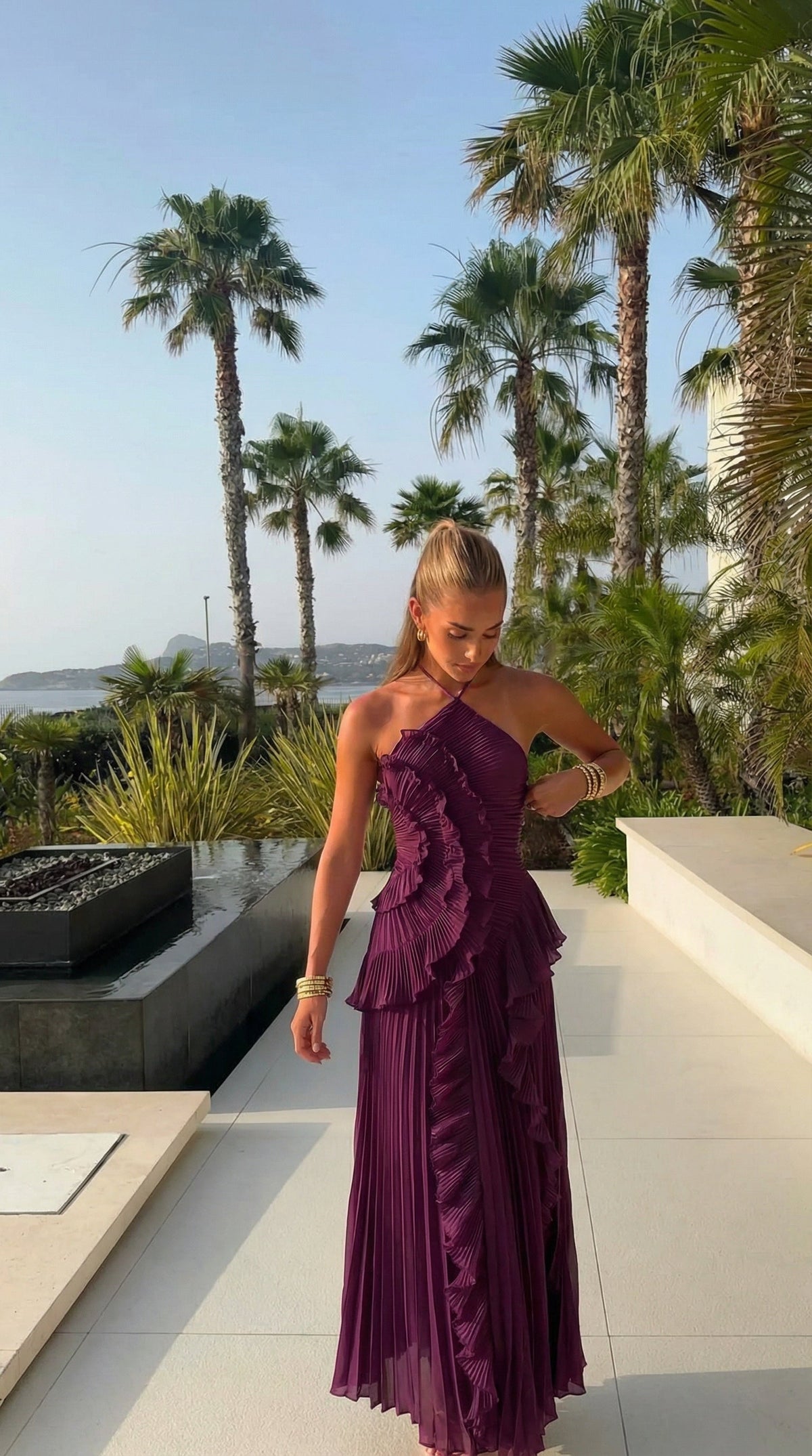 Gemma Halter Maxi Dress with Asymmetric Ruffle Skirt