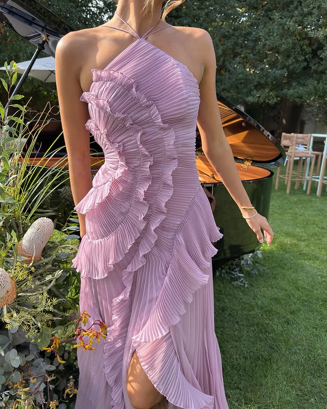 Gemma Halter Maxi Dress with Asymmetric Ruffle Skirt – Lavender