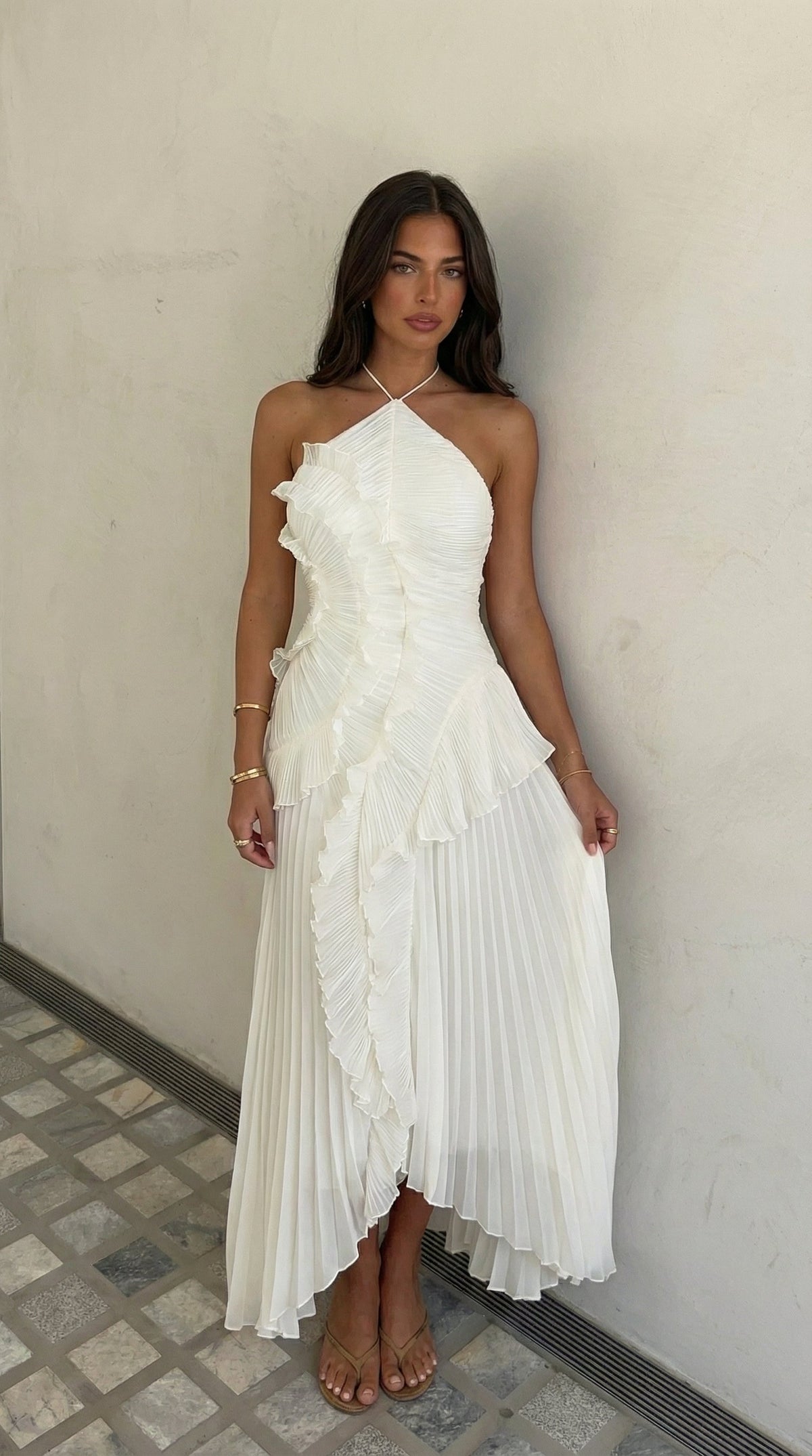 Gemma Halter Maxi Dress with Asymmetric Ruffle Skirt – White