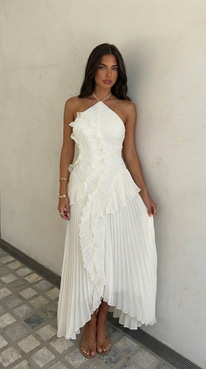 Gemma Halter Maxi Dress with Asymmetric Ruffle Skirt – White