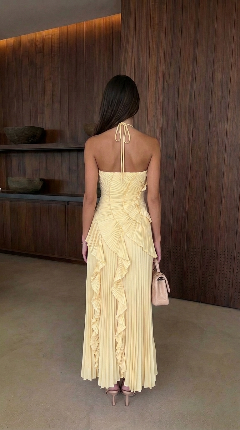 Gemma Halter Maxi Dress with Asymmetric Ruffle Skirt – Yellow