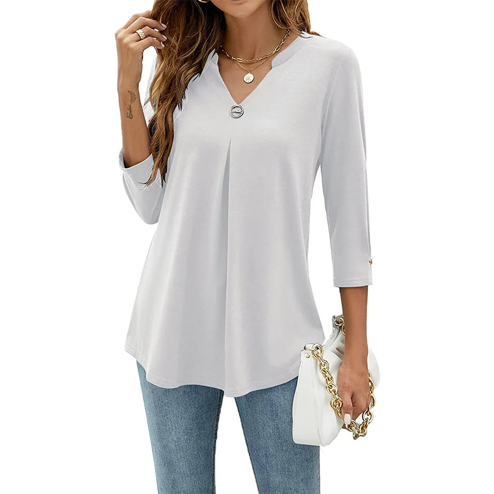 Gina Lightweight V-Neck Summer Top with Collar – White