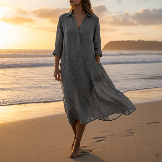 Gwen Relaxed Cotton-Linen Maxi Shirt Dress with Long Sleeves
