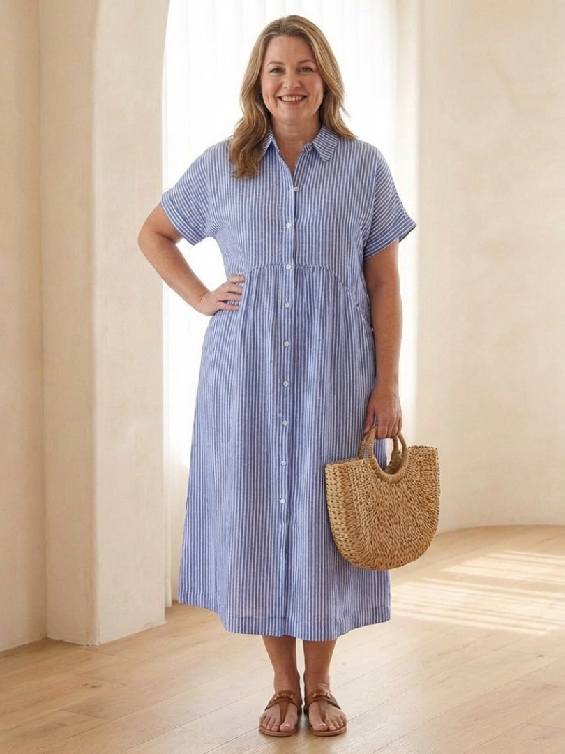 Hallie Collared Striped Midi Dress with Pockets