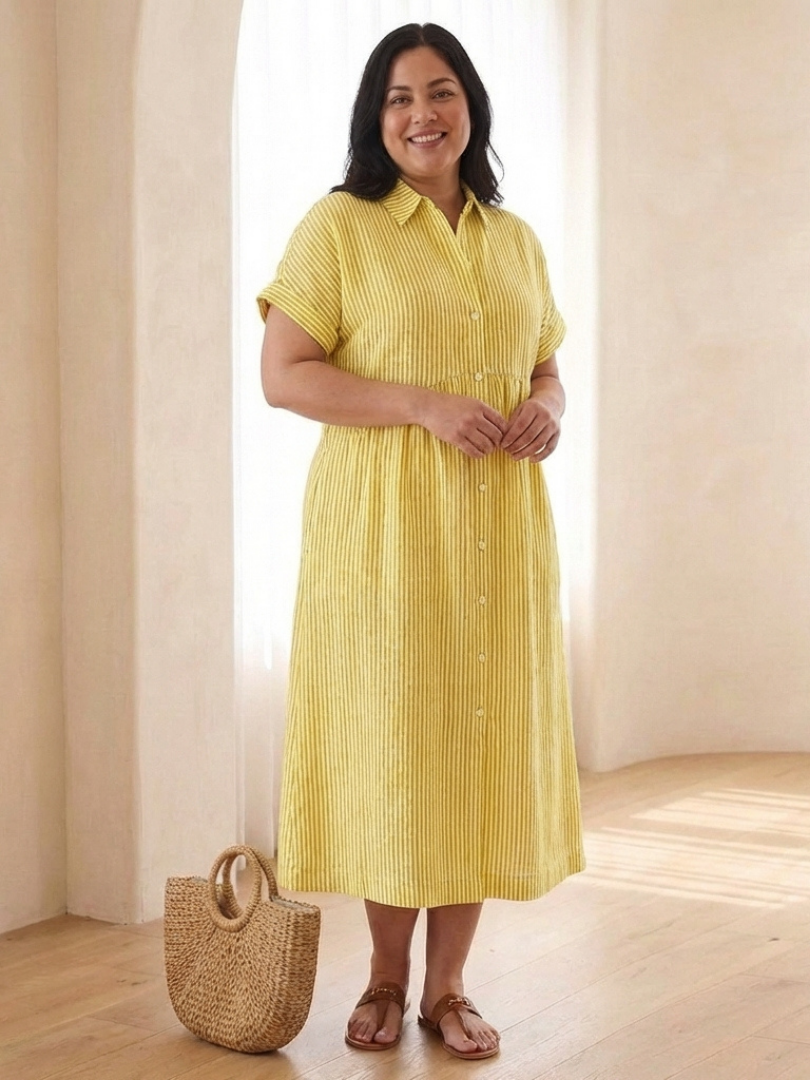 Hallie Collared Striped Midi Dress with Pockets