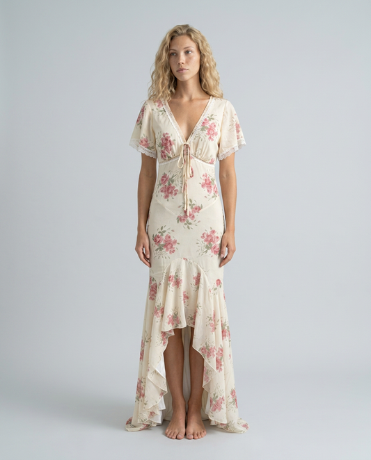 Hazel Floral A-Line Maxi Dress with Lace Cap Sleeves – Ivory
