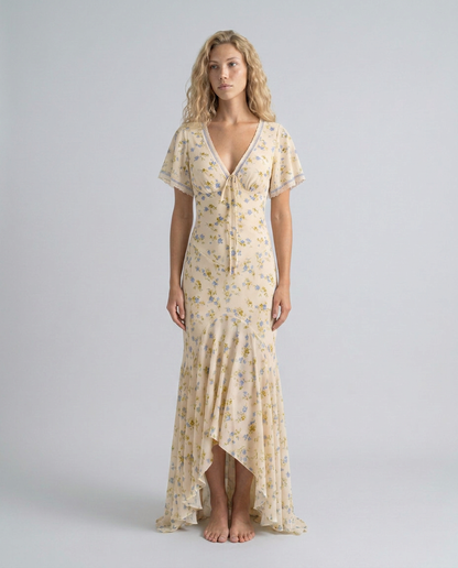 Hazel Floral A-Line Maxi Dress with Lace Cap Sleeves – Yellow