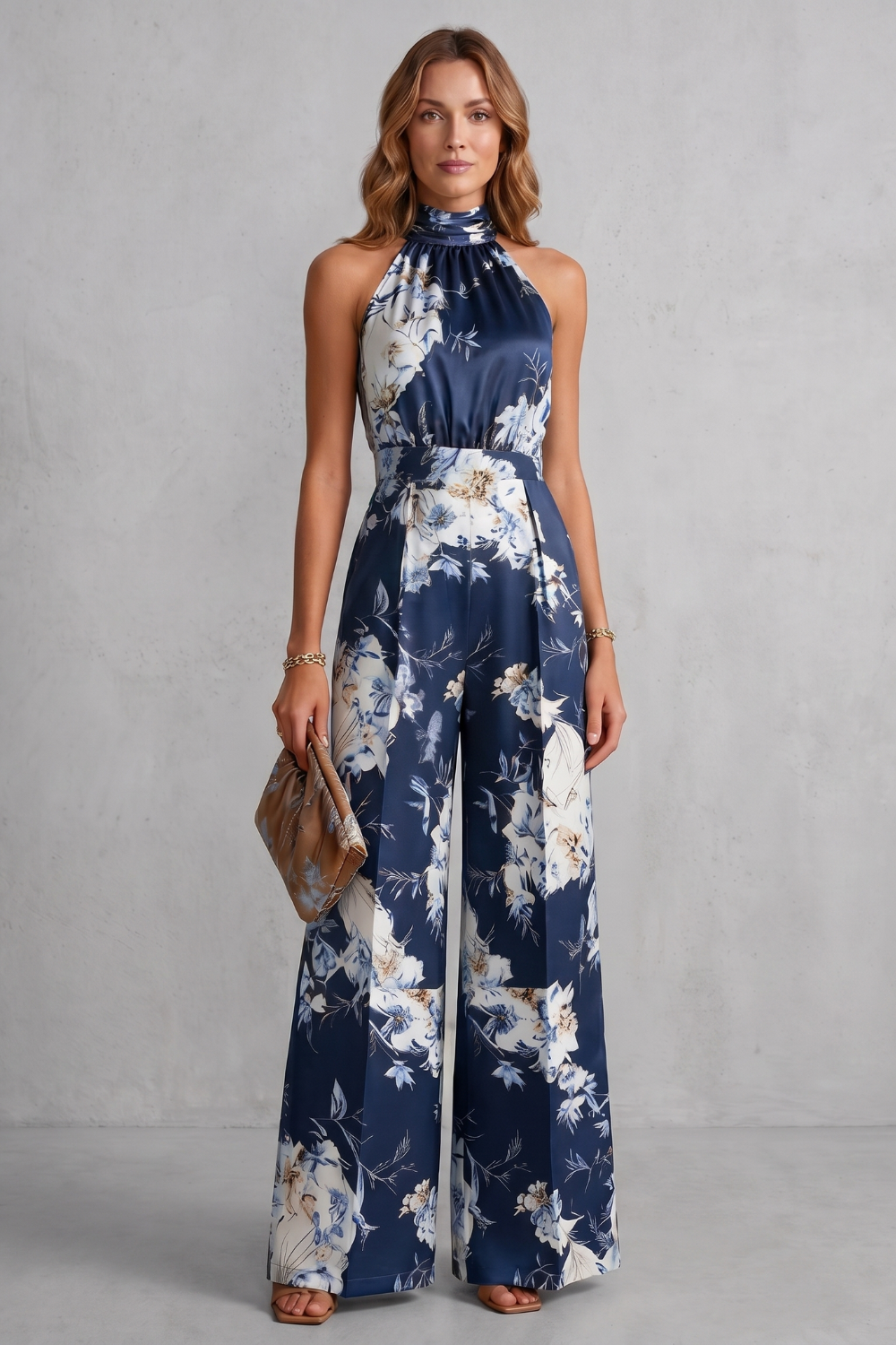 Heidi Floral Wide-Leg Jumpsuit with Halter Neck – Blue