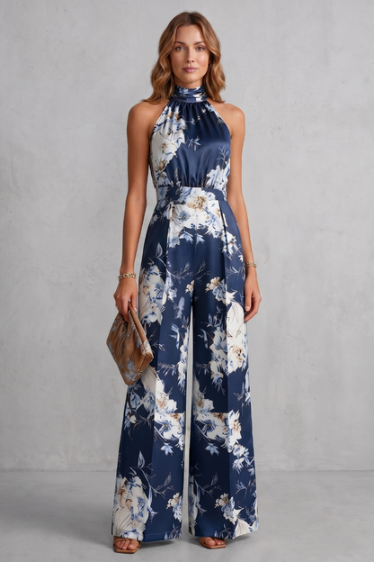 Heidi Floral Wide-Leg Jumpsuit with Halter Neck – Blue