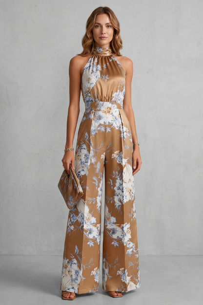 Heidi Floral Wide-Leg Jumpsuit with Halter Neck – Brown