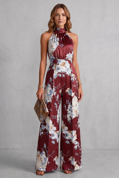 Heidi Floral Wide-Leg Jumpsuit with Halter Neck – Red