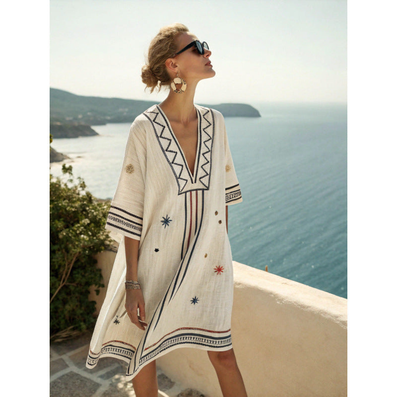 Ilse Elegant Embroidered Boho Kaftan Dress – Embroidered multicolor ivory