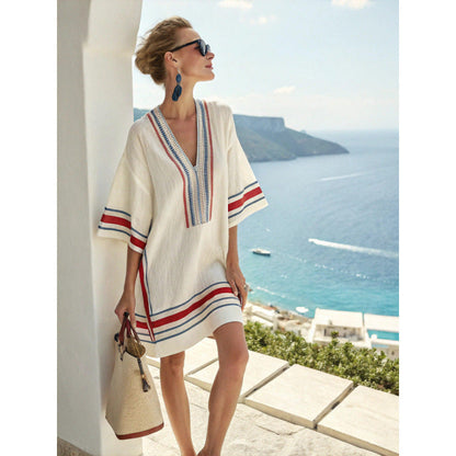 Ilse Elegant Embroidered Boho Kaftan Dress – Ivory with red and blue trim