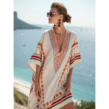 Ilse Elegant Embroidered Boho Kaftan Dress – Orange Pattern