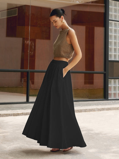 Ingrid Elegant Flowy Midi Skirt with Soft Drape – Black
