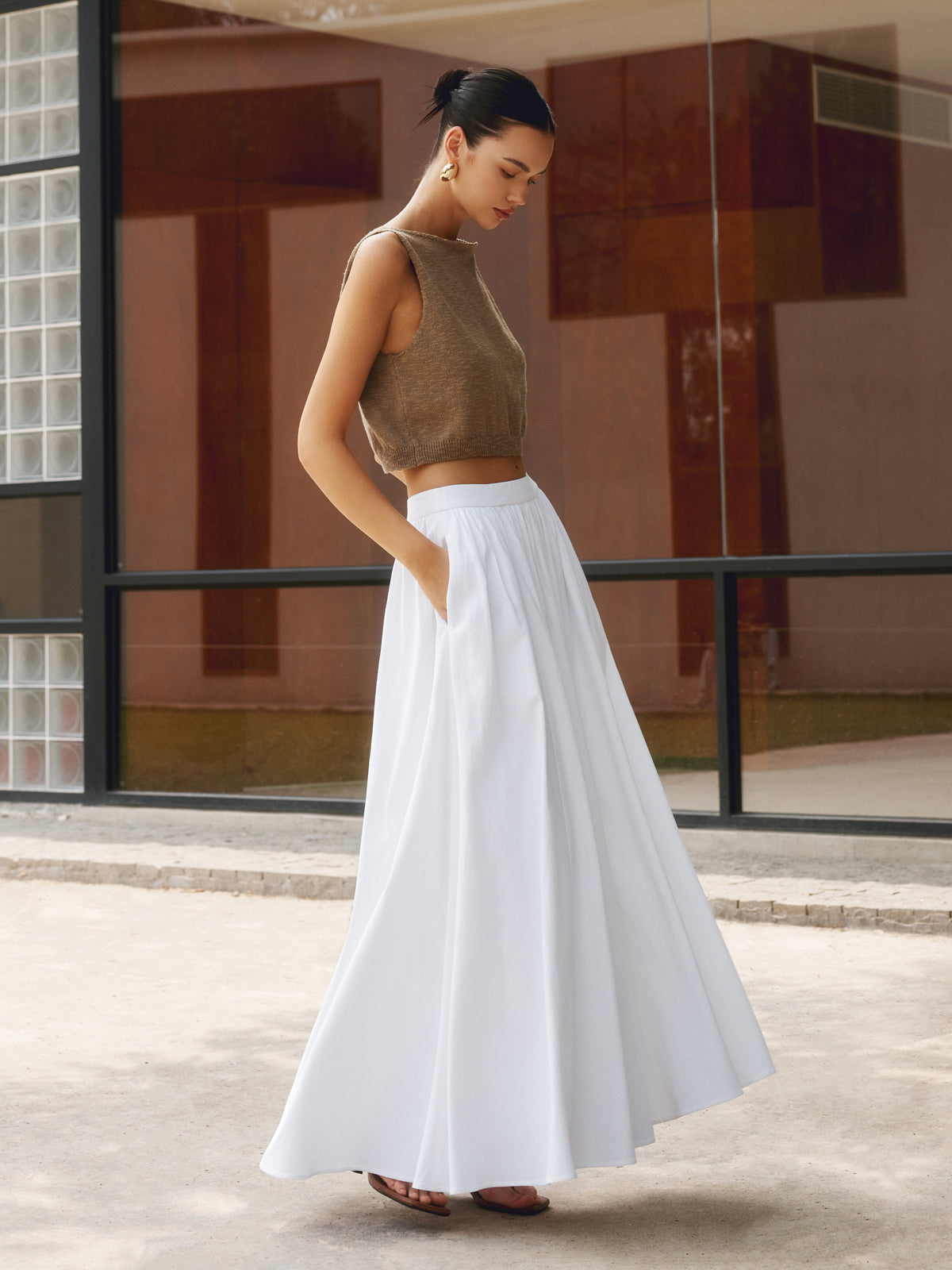 Ingrid Elegant Flowy Midi Skirt with Soft Drape – White
