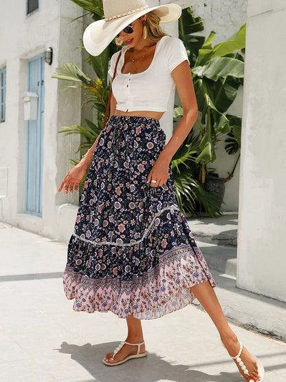 Irene Boho Tiered A-Line Maxi Skirt with Ruffle Hem