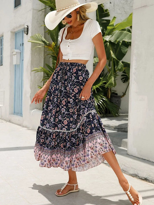 Irene Boho Tiered A-Line Maxi Skirt with Ruffle Hem