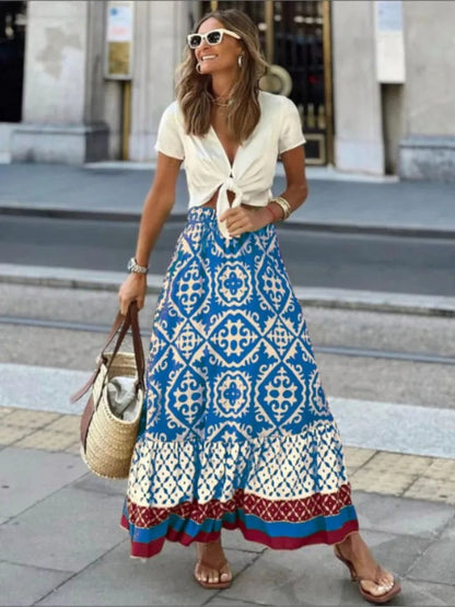 Irene Boho Tiered A-Line Maxi Skirt with Ruffle Hem – Blue