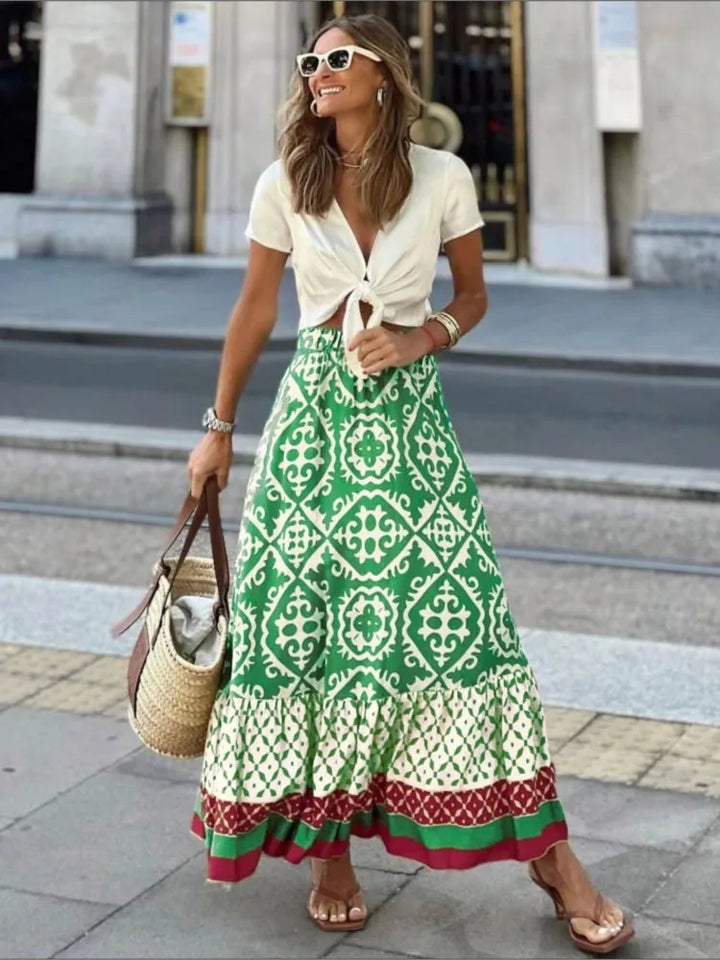Irene Boho Tiered A-Line Maxi Skirt with Ruffle Hem – Green