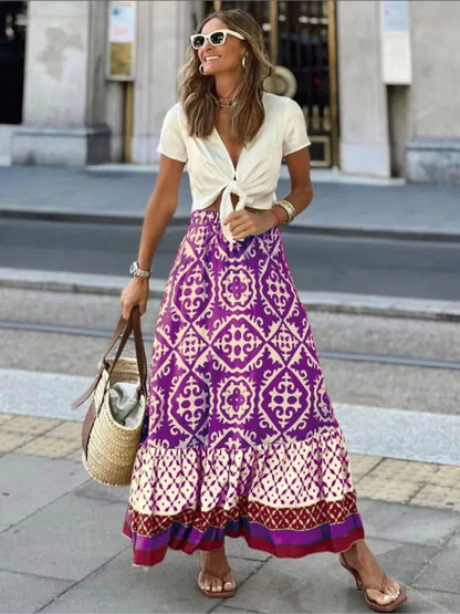 Irene Boho Tiered A-Line Maxi Skirt with Ruffle Hem – Purple
