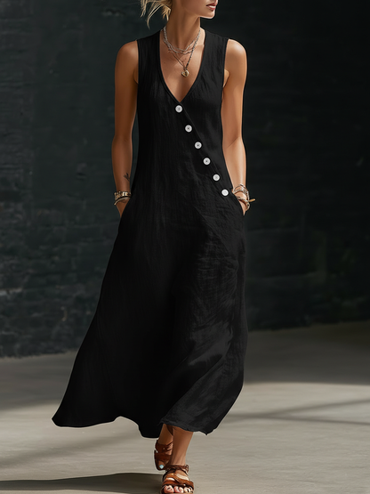 Iris Casual Sleeveless Maxi Dress with Pockets – Black