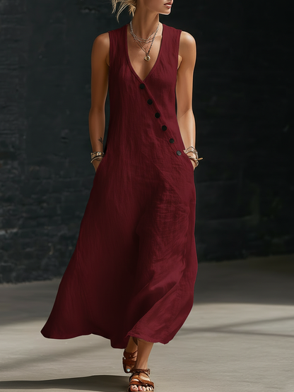 Iris Casual Sleeveless Maxi Dress with Pockets – Red