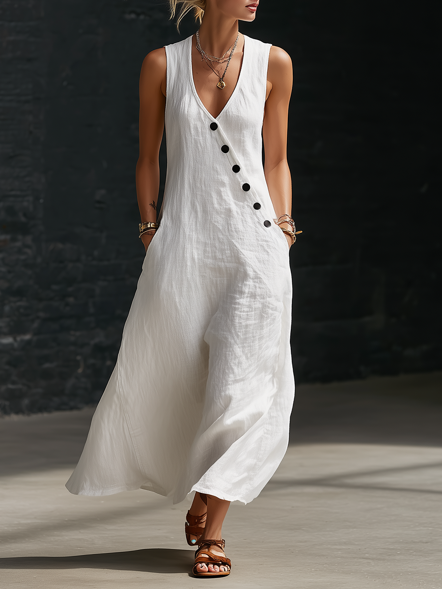 Iris Casual Sleeveless Maxi Dress with Pockets – White