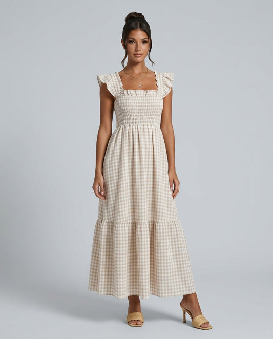Ivy Classic Gingham Maxi Dress with Smocked Bodice – Beige