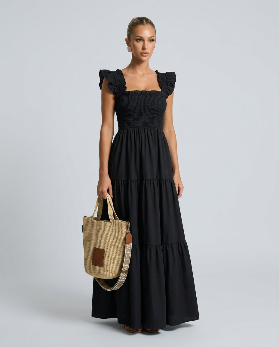 Ivy Classic Gingham Maxi Dress with Smocked Bodice – Black