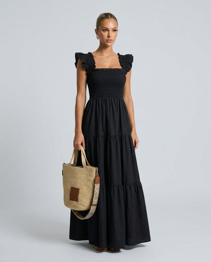 Ivy Classic Gingham Maxi Dress with Smocked Bodice – Black