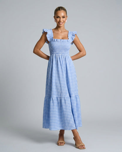Ivy Classic Gingham Maxi Dress with Smocked Bodice – Blue