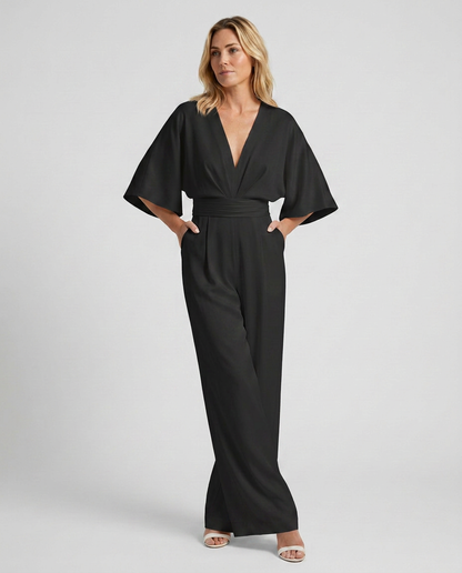 Jenna Effortless V-Neck Wide-Leg Jumpsuit with Pockets – Black