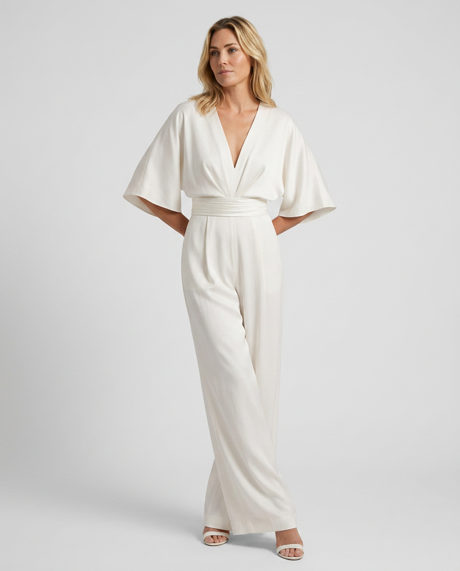 Jenna Effortless V-Neck Wide-Leg Jumpsuit with Pockets – White