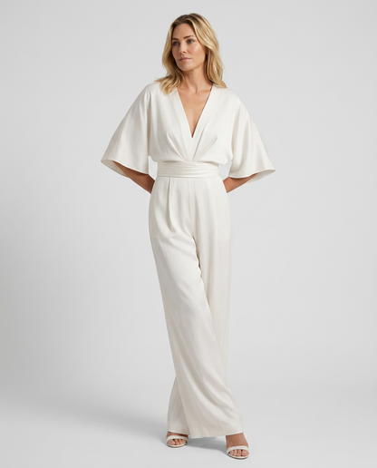 Jenna Effortless V-Neck Wide-Leg Jumpsuit with Pockets – White