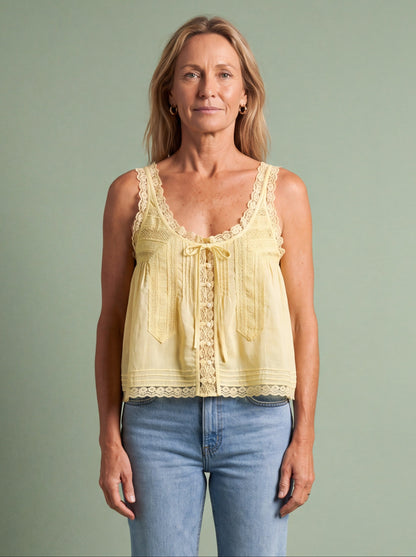 Jess Lace Cami Top with Tie Neck and Button Placket – Yellow