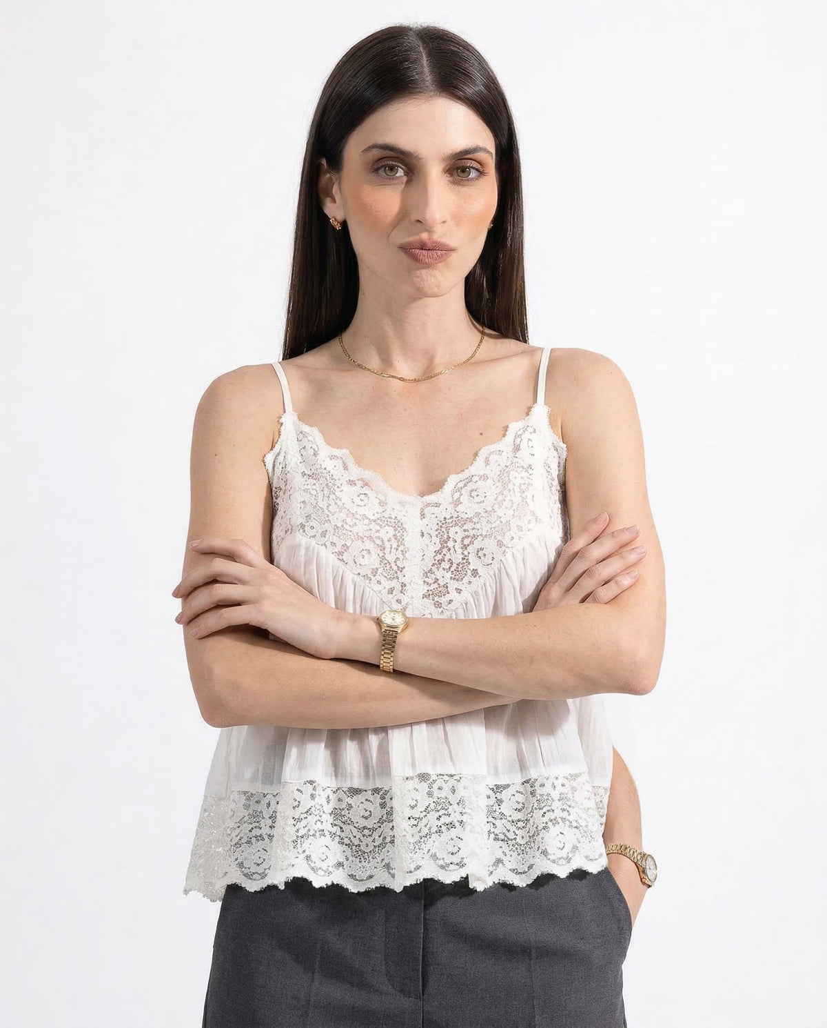 Jodie Pleated Lace Camisole Top with Spaghetti Straps