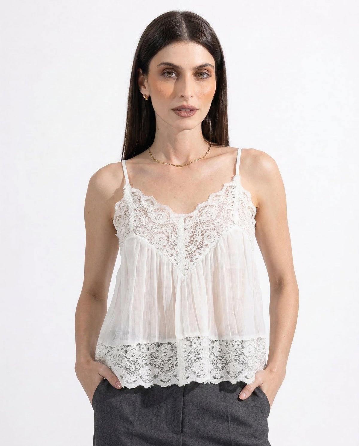 Jodie Pleated Lace Camisole Top with Spaghetti Straps