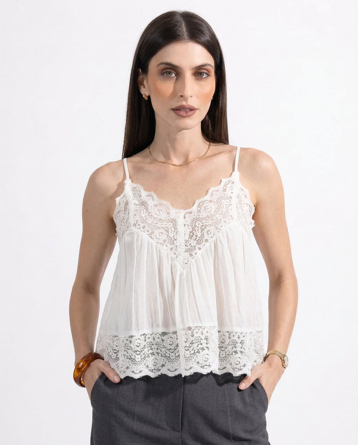 Jodie Pleated Lace Camisole Top with Spaghetti Straps