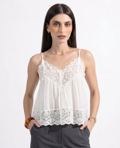 Jodie Pleated Lace Camisole Top with Spaghetti Straps