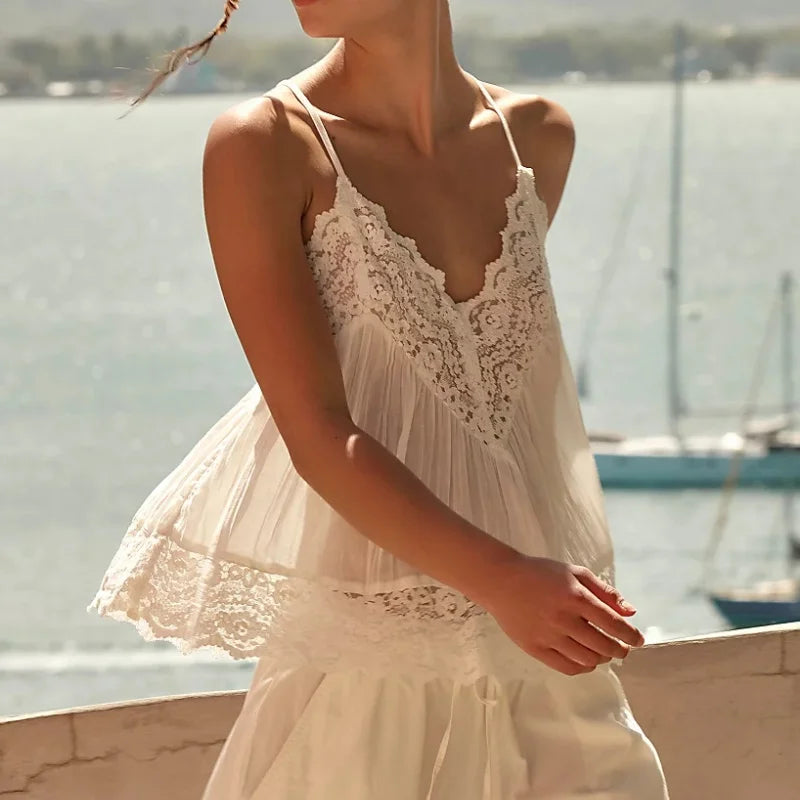 Jodie Pleated Lace Camisole Top with Spaghetti Straps