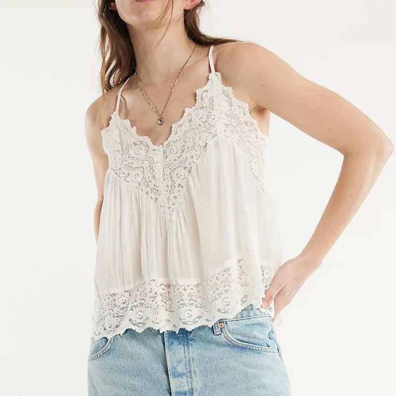 Jodie Pleated Lace Camisole Top with Spaghetti Straps
