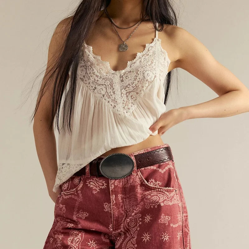 Jodie Pleated Lace Camisole Top with Spaghetti Straps