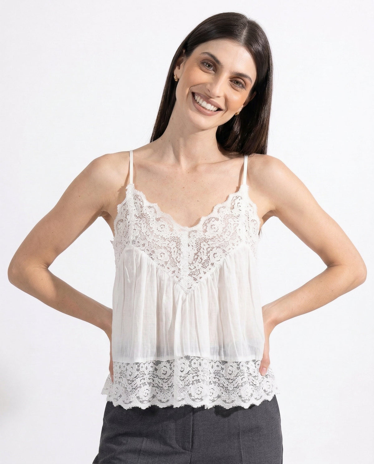 Jodie Pleated Lace Camisole Top with Spaghetti Straps – White