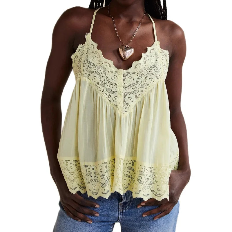 Jodie Pleated Lace Camisole Top with Spaghetti Straps – Yellow