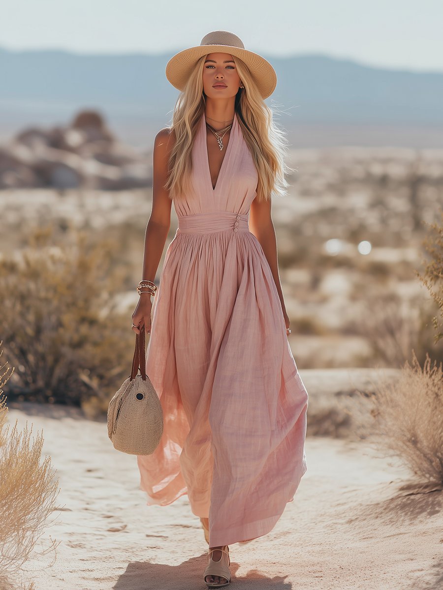 Julia Linen Blend Halter Maxi Dress with Ruched Waist
