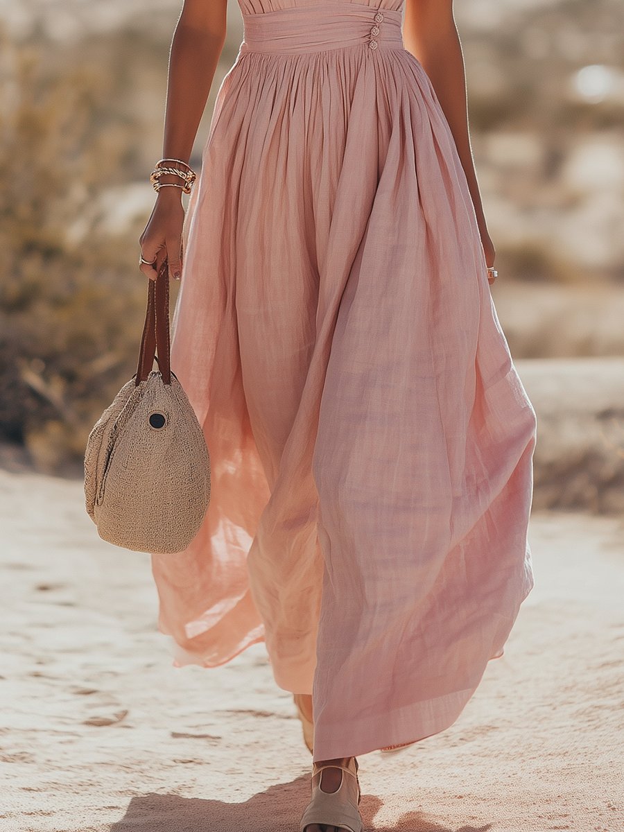 Julia Linen Blend Halter Maxi Dress with Ruched Waist