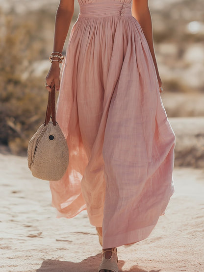 Julia Linen Blend Halter Maxi Dress with Ruched Waist