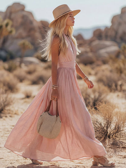 Julia Linen Blend Halter Maxi Dress with Ruched Waist