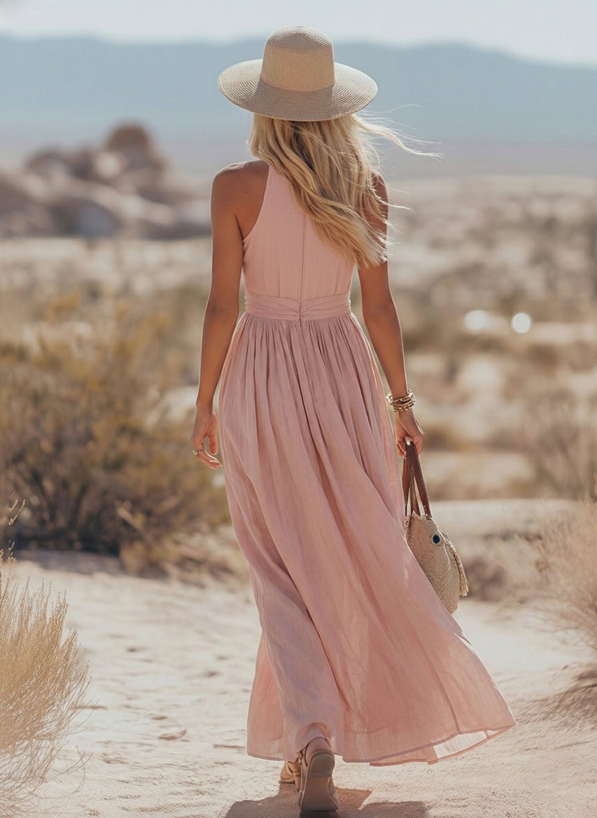Julia Linen Blend Halter Maxi Dress with Ruched Waist
